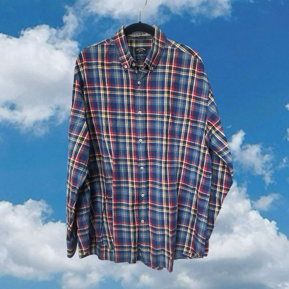 Paul & Shark Yachting Button Up Shirt Men 44 (XL) Royal Flannel Plaid Blue Italy